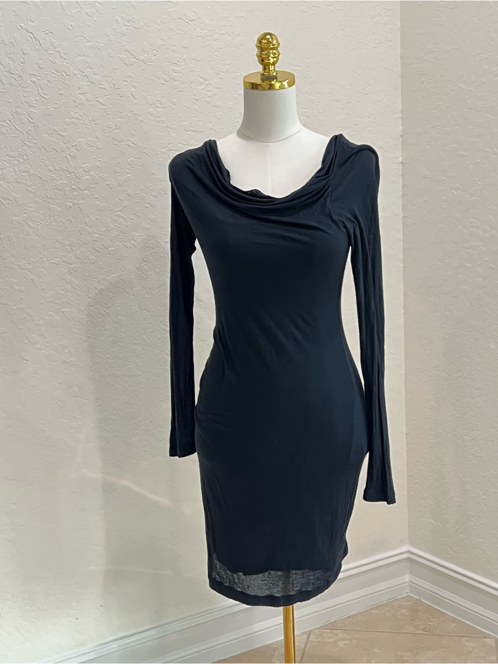 Theory Black Long-Sleeve Draped Neck Sheath Dress